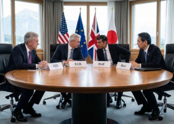 Fotografía de una reunión de alto nivel entre los líderes de los cuatro principales bancos centrales del mundo. Cuatro hombres en trajes oscuros, incluido el presidente de la Fed Jerome Powell (a la izquierda), están sentados alrededor de una mesa redonda de madera. Placas blancas frente a cada uno los identifican con las siglas "FED", "ECB", "BoE" y "BoJ". Mantienen una conversación seria en una sala de conferencias moderna con banderas de EE. UU., la Unión Europea, el Reino Unido y Japón al fondo, frente a grandes ventanales con vistas a un paisaje montañoso.