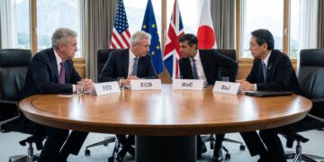 Fotografía de una reunión de alto nivel entre los líderes de los cuatro principales bancos centrales del mundo. Cuatro hombres en trajes oscuros, incluido el presidente de la Fed Jerome Powell (a la izquierda), están sentados alrededor de una mesa redonda de madera. Placas blancas frente a cada uno los identifican con las siglas "FED", "ECB", "BoE" y "BoJ". Mantienen una conversación seria en una sala de conferencias moderna con banderas de EE. UU., la Unión Europea, el Reino Unido y Japón al fondo, frente a grandes ventanales con vistas a un paisaje montañoso.