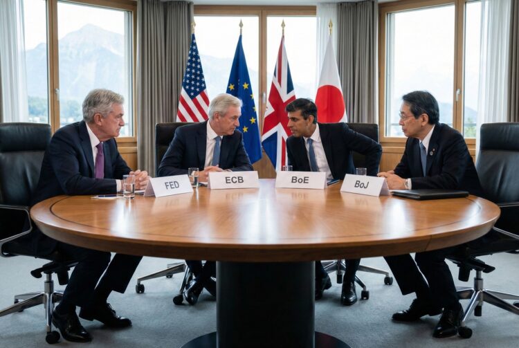 Fotografía de una reunión de alto nivel entre los líderes de los cuatro principales bancos centrales del mundo. Cuatro hombres en trajes oscuros, incluido el presidente de la Fed Jerome Powell (a la izquierda), están sentados alrededor de una mesa redonda de madera. Placas blancas frente a cada uno los identifican con las siglas "FED", "ECB", "BoE" y "BoJ". Mantienen una conversación seria en una sala de conferencias moderna con banderas de EE. UU., la Unión Europea, el Reino Unido y Japón al fondo, frente a grandes ventanales con vistas a un paisaje montañoso.
