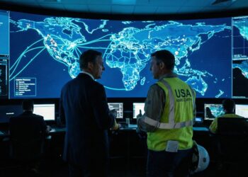 Fotografía de estilo editorial en una sala de control con iluminación azul tenue. En primer plano, un alto funcionario en traje y un representante de "USA RARE EARTH" (identificado por su chaleco de seguridad amarillo) conversan seriamente frente a una pantalla gigante curva. La pantalla muestra un mapa global con líneas de red brillantes que conectan a Estados Unidos con varias ubicaciones internacionales, ilustrando rutas logísticas de recursos. Otros técnicos trabajan en estaciones de monitoreo en el fondo.