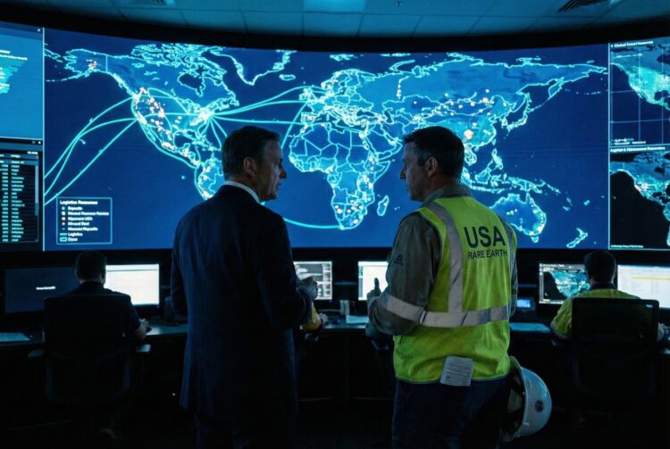 Fotografía de estilo editorial en una sala de control con iluminación azul tenue. En primer plano, un alto funcionario en traje y un representante de "USA RARE EARTH" (identificado por su chaleco de seguridad amarillo) conversan seriamente frente a una pantalla gigante curva. La pantalla muestra un mapa global con líneas de red brillantes que conectan a Estados Unidos con varias ubicaciones internacionales, ilustrando rutas logísticas de recursos. Otros técnicos trabajan en estaciones de monitoreo en el fondo.