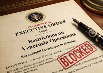 Fotografía de primer plano sobre un escritorio de madera que muestra un borrador de documento con el sello del Presidente de los EE. UU. y el título "CONFIDENTIAL EXECUTIVE ORDER Draft". El texto central dice explícitamente "Restrictions on Venezuela Operations" y "ExxonMobil Investment Prohibition". Un gran sello de tinta roja con la palabra "BLOCKED" está estampado diagonalmente sobre el texto. Una pluma estilográfica de lujo con el sello presidencial descansa al lado del documento.