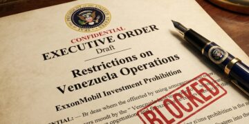 Fotografía de primer plano sobre un escritorio de madera que muestra un borrador de documento con el sello del Presidente de los EE. UU. y el título "CONFIDENTIAL EXECUTIVE ORDER Draft". El texto central dice explícitamente "Restrictions on Venezuela Operations" y "ExxonMobil Investment Prohibition". Un gran sello de tinta roja con la palabra "BLOCKED" está estampado diagonalmente sobre el texto. Una pluma estilográfica de lujo con el sello presidencial descansa al lado del documento.