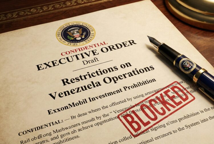 Fotografía de primer plano sobre un escritorio de madera que muestra un borrador de documento con el sello del Presidente de los EE. UU. y el título "CONFIDENTIAL EXECUTIVE ORDER Draft". El texto central dice explícitamente "Restrictions on Venezuela Operations" y "ExxonMobil Investment Prohibition". Un gran sello de tinta roja con la palabra "BLOCKED" está estampado diagonalmente sobre el texto. Una pluma estilográfica de lujo con el sello presidencial descansa al lado del documento.