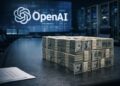 Mesa corporativa con fajos de dólares y el logotipo de OpenAI dominando la escena