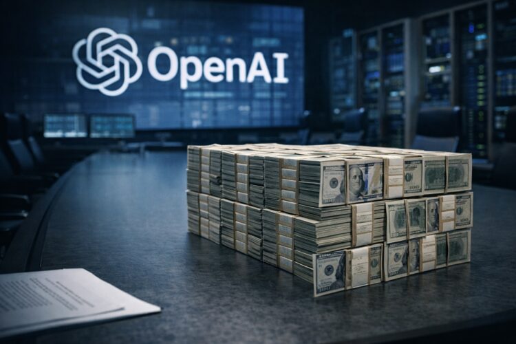 Mesa corporativa con fajos de dólares y el logotipo de OpenAI dominando la escena