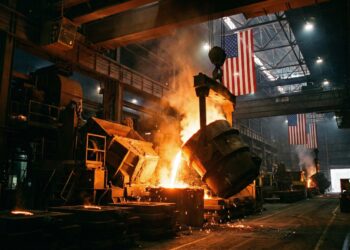 Fotografía dramática del interior de una gran planta de fundición industrial. Un crisol masivo vierte metal fundido naranja brillante, generando intensas chispas y humo en una nave oscura llena de maquinaria pesada. Dos grandes banderas de los Estados Unidos cuelgan prominentemente de las vigas en el fondo, simbolizando la producción nacional y el "onshoring" de recursos estratégicos.