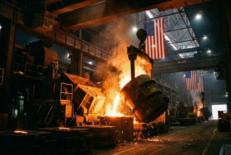 Fotografía dramática del interior de una gran planta de fundición industrial. Un crisol masivo vierte metal fundido naranja brillante, generando intensas chispas y humo en una nave oscura llena de maquinaria pesada. Dos grandes banderas de los Estados Unidos cuelgan prominentemente de las vigas en el fondo, simbolizando la producción nacional y el "onshoring" de recursos estratégicos.