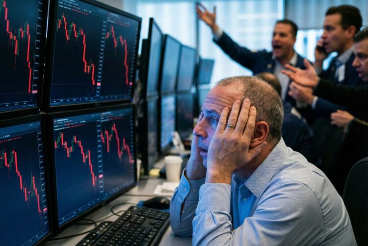 Un hombre de mediana edad con una camisa azul se agarra la cabeza con ambas manos, con los ojos abiertos en una expresión de incredulidad y estrés extremo. Está sentado frente a varios monitores de computadora que muestran gráficos financieros con fuertes caídas marcadas en rojo. En el fondo desenfocado, otros hombres gesticulan y gritan, sugiriendo un caos generalizado en una sala de operaciones bursátiles durante una crisis financiera.