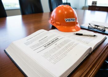 Fotografía de primer plano sobre una mesa de conferencias de madera que muestra un documento legal volumioso y abierto titulado "AGREEMENT OF PURCHASE AND SALE". En el centro de la página visible, la cifra "$4,000,000,000" destaca en negrita. Un casco de seguridad industrial naranja con el logotipo azul de "VISTRA" descansa sobre el contrato, junto a un bolígrafo y unas gafas de lectura, simbolizando la finalización de una gran transacción corporativa.