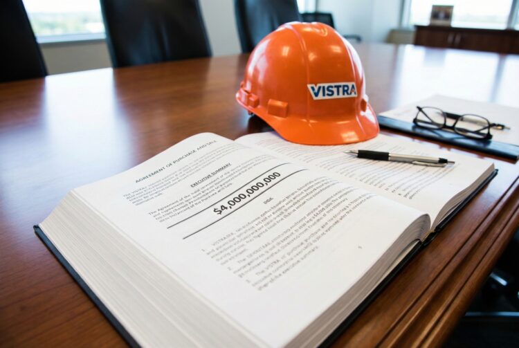 Fotografía de primer plano sobre una mesa de conferencias de madera que muestra un documento legal volumioso y abierto titulado "AGREEMENT OF PURCHASE AND SALE". En el centro de la página visible, la cifra "$4,000,000,000" destaca en negrita. Un casco de seguridad industrial naranja con el logotipo azul de "VISTRA" descansa sobre el contrato, junto a un bolígrafo y unas gafas de lectura, simbolizando la finalización de una gran transacción corporativa.