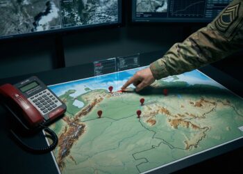 Fotografía en un centro de operaciones militares con iluminación tenue, mostrando la mano de un oficial con uniforme de camuflaje señalando un mapa topográfico de Venezuela sobre una mesa táctica. Un marcador digital rojo y superposiciones de datos resaltan la ciudad de Caracas. Un teléfono seguro de color rojo descansa al lado del mapa, mientras que pantallas en el fondo muestran datos de inteligencia y satélite.