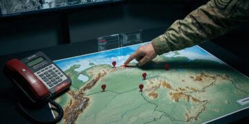 Fotografía en un centro de operaciones militares con iluminación tenue, mostrando la mano de un oficial con uniforme de camuflaje señalando un mapa topográfico de Venezuela sobre una mesa táctica. Un marcador digital rojo y superposiciones de datos resaltan la ciudad de Caracas. Un teléfono seguro de color rojo descansa al lado del mapa, mientras que pantallas en el fondo muestran datos de inteligencia y satélite.