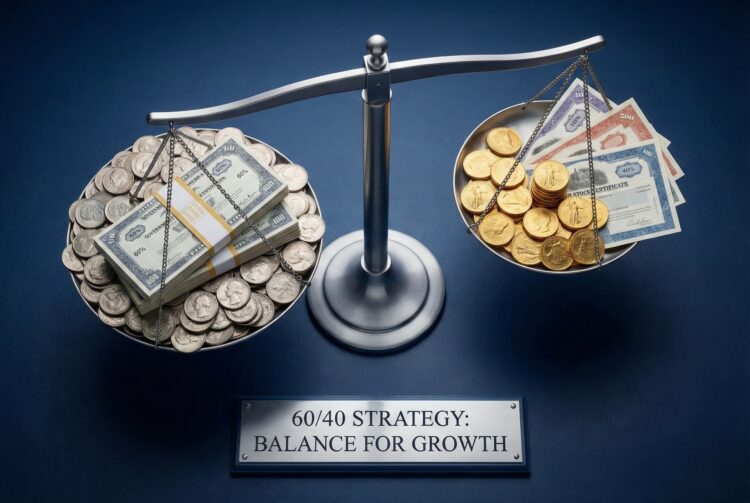 Fotografía conceptual de bodegón sobre un fondo azul oscuro que muestra una balanza plateada. El platillo izquierdo, visiblemente más pesado y bajo, contiene una gran pila de monedas de plata y fajos de billetes de divisa, representando el 60% en activos seguros. El platillo derecho, más alto, contiene una pila menor de monedas de oro y certificados de acciones, representando el 40% en activos de crecimiento. En primer plano, una placa metálica tiene grabado el texto: "60/40 STRATEGY: BALANCE FOR GROWTH".