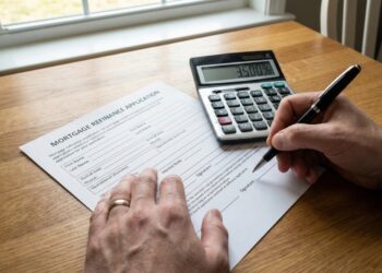 Un primer plano desde una perspectiva cenital muestra las manos de una persona con un anillo de boda sosteniendo un bolígrafo negro, a punto de firmar un documento titulado "MORTGAGE REFINANCE APPLICATION" sobre una mesa de madera. A la derecha, una calculadora muestra el porcentaje "3.500%". La luz natural entra por una ventana visible en el fondo desenfocado.