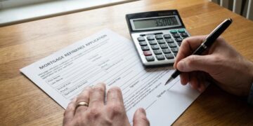 Un primer plano desde una perspectiva cenital muestra las manos de una persona con un anillo de boda sosteniendo un bolígrafo negro, a punto de firmar un documento titulado "MORTGAGE REFINANCE APPLICATION" sobre una mesa de madera. A la derecha, una calculadora muestra el porcentaje "3.500%". La luz natural entra por una ventana visible en el fondo desenfocado.
