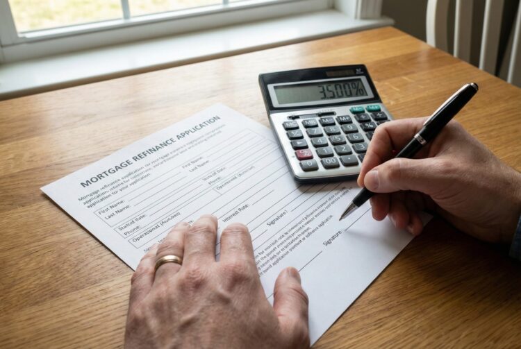 Un primer plano desde una perspectiva cenital muestra las manos de una persona con un anillo de boda sosteniendo un bolígrafo negro, a punto de firmar un documento titulado "MORTGAGE REFINANCE APPLICATION" sobre una mesa de madera. A la derecha, una calculadora muestra el porcentaje "3.500%". La luz natural entra por una ventana visible en el fondo desenfocado.
