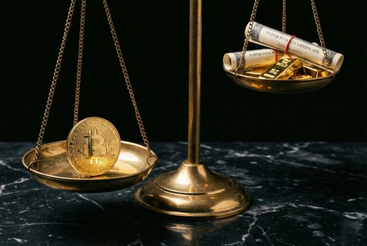 Fotografía conceptual de una balanza de justicia de latón sobre una superficie de mármol oscuro con iluminación dramática. El platillo izquierdo está más bajo y contiene una sola moneda física dorada de Bitcoin, pesando visualmente más que el platillo derecho, que está elevado y contiene lingotes de oro y certificados de acciones de papel enrollados, ilustrando la premisa de rendimiento superior del activo digital.