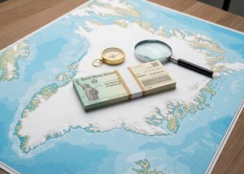 Fotografía conceptual de bodegón sobre una mesa de madera. Un mapa físico detallado de Groenlandia sirve de base para un fajo de cheques del Tesoro de los EE. UU. con el texto visible "The Government of Denmark", acompañados por una brújula dorada y una lupa, ilustrando la propuesta de adquisición territorial.