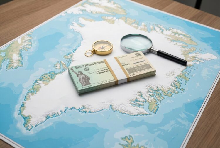 Fotografía conceptual de bodegón sobre una mesa de madera. Un mapa físico detallado de Groenlandia sirve de base para un fajo de cheques del Tesoro de los EE. UU. con el texto visible "The Government of Denmark", acompañados por una brújula dorada y una lupa, ilustrando la propuesta de adquisición territorial.