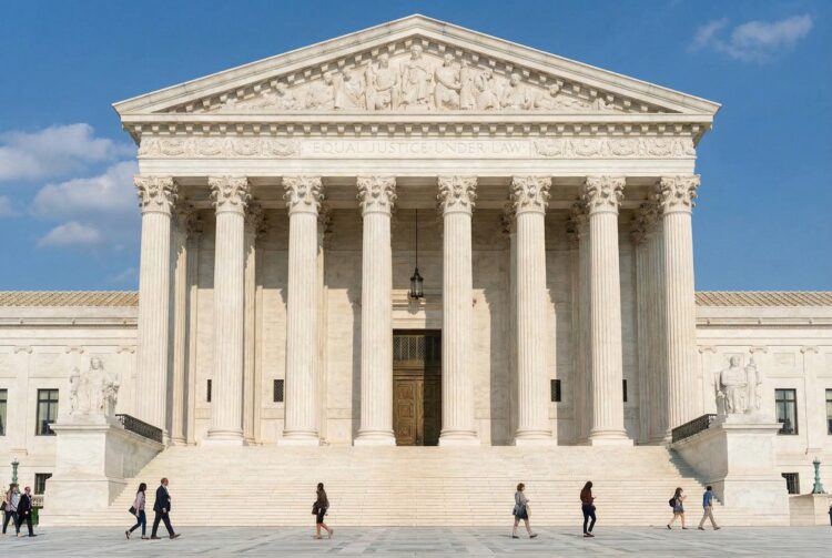 Fotografía arquitectónica frontal y simétrica del edificio de mármol blanco de la Corte Suprema de los Estados Unidos bajo un cielo azul con nubes. El frontón sobre las columnas corintias muestra la inscripción "EQUAL JUSTICE UNDER LAW". Varias personas caminan por la amplia plaza y las escaleras frente al edificio.