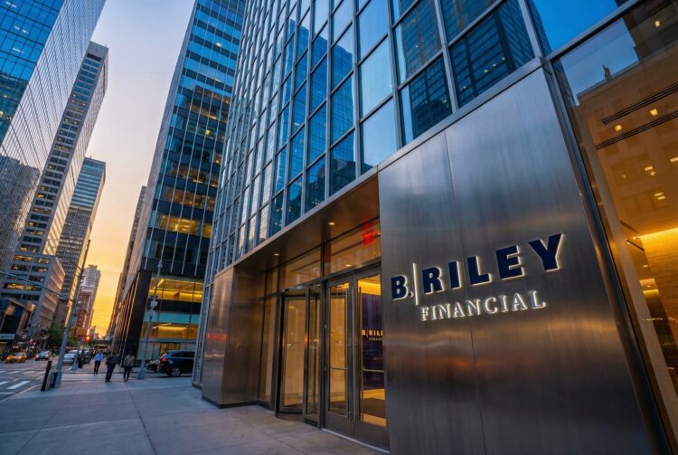 Fotografía de ángulo contrapicado de la entrada moderna de las oficinas de B. Riley Financial en un entorno urbano al atardecer. Un gran letrero de metal cepillado con letras azules iluminadas que dicen "B. RILEY FINANCIAL" destaca junto a las puertas de cristal. Rascacielos de vidrio circundantes y el tráfico de la calle (incluyendo taxis amarillos) llenan el fondo bajo un cielo con tonos naranjas y azules profundos.