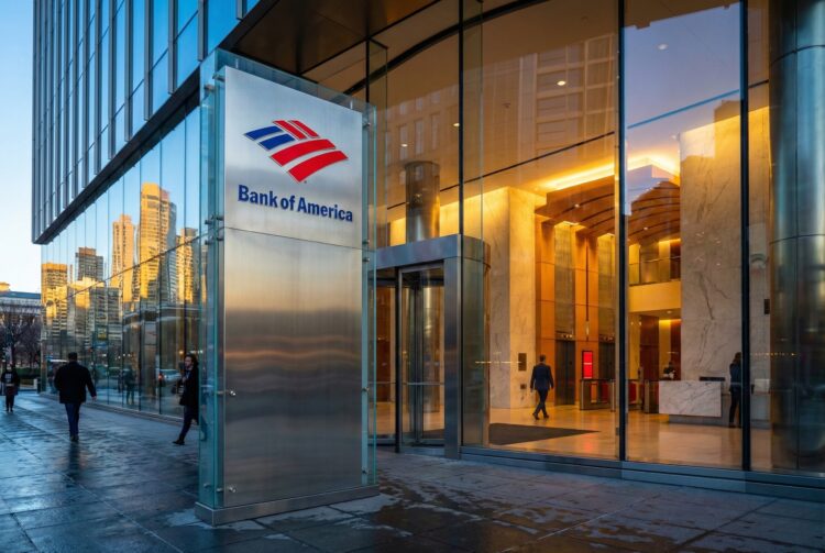 Fotografía exterior al atardecer de la entrada moderna de un edificio de oficinas de Bank of America. Un gran letrero vertical de acero inoxidable con el logotipo rojo y azul y el texto "Bank of America" destaca en primer plano. La fachada de vidrio refleja los rascacielos circundantes y el cielo azul, mientras que el interior del vestíbulo brilla con una luz dorada y cálida. Varios peatones caminan por la acera mojada frente al edificio.
