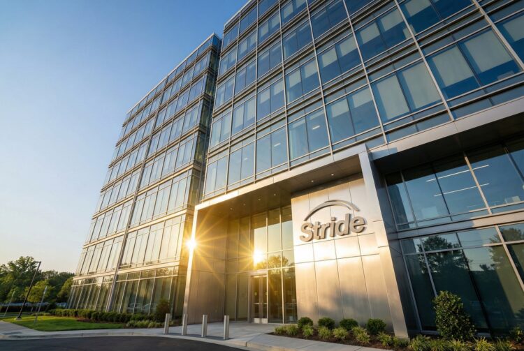 Fotografía exterior en ángulo contrapicado de la entrada principal del edificio de oficinas moderno de la empresa Stride. El logo "Stride" está montado en un panel metálico plateado sobre las puertas de vidrio. La luz dorada del sol poniente golpea la fachada de vidrio, creando un destello brillante. El entorno incluye áreas verdes y un acceso vehicular pavimentado bajo un cielo azul despejado.