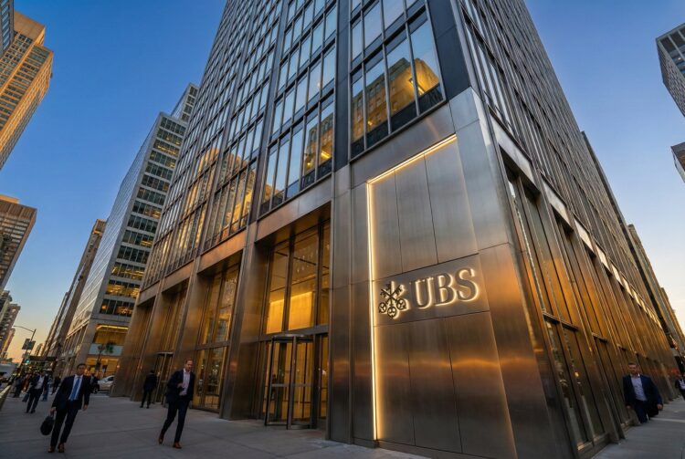 Fotografía exterior del moderno edificio de oficinas de UBS en una ciudad al atardecer. La entrada principal y el gran letrero con el logo de UBS y las llaves están iluminados. La fachada de vidrio y metal refleja la luz del cielo azul y las luces de la ciudad. Varias personas en traje de negocios caminan por la acera frente al edificio.