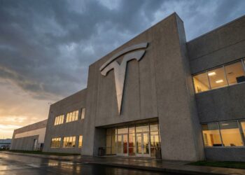 Fotografía exterior en ángulo contrapicado de la masiva entrada de la fábrica Gigafactory de Tesla. Un enorme logotipo "T" de Tesla fabricado en metal cepillado está montado sobre la fachada de hormigón y las puertas de vidrio. El cielo está cubierto de densas nubes grises de tormenta al atardecer, mientras que las luces cálidas del interior de las oficinas brillan y se reflejan en el pavimento mojado exterior.