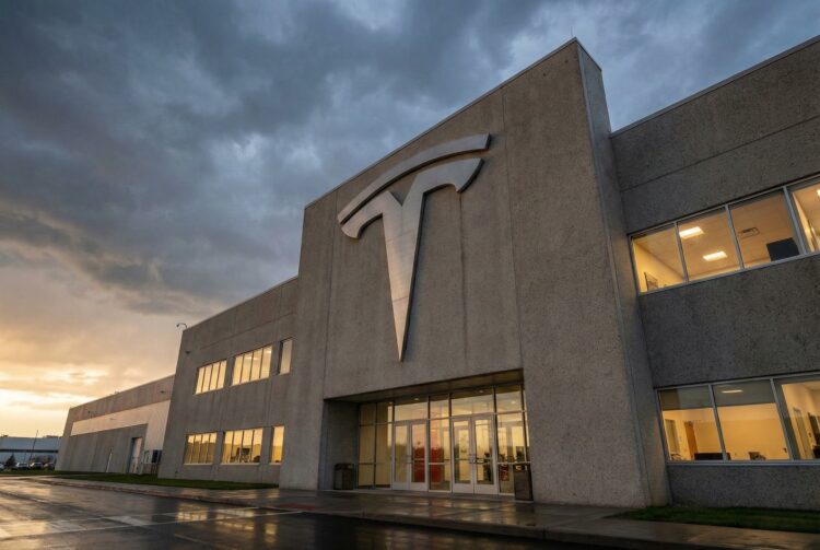 Fotografía exterior en ángulo contrapicado de la masiva entrada de la fábrica Gigafactory de Tesla. Un enorme logotipo "T" de Tesla fabricado en metal cepillado está montado sobre la fachada de hormigón y las puertas de vidrio. El cielo está cubierto de densas nubes grises de tormenta al atardecer, mientras que las luces cálidas del interior de las oficinas brillan y se reflejan en el pavimento mojado exterior.