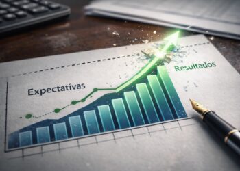 Gráfico en papel muestra acciones superando expectativas de ganancias.