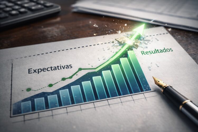 Gráfico en papel muestra acciones superando expectativas de ganancias.