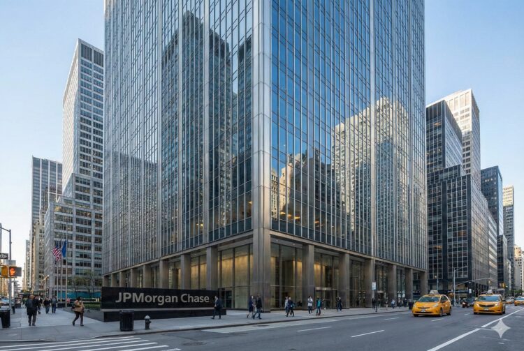 Una fotografía exterior de día muestra la moderna torre de oficinas de vidrio y acero que sirve como sede de JPMorgan Chase en la ciudad de Nueva York. Un gran letrero oscuro a nivel de la calle en la esquina del edificio dice "JPMorgan Chase". Peatones caminan por las aceras y taxis amarillos circulan por la calle concurrida bajo un cielo azul despejado. El edificio refleja los rascacielos circundantes.