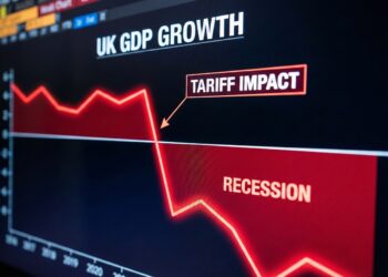 Una fotografía de primer plano de una pantalla digital oscura que muestra un gráfico financiero con el título "UK GDP GROWTH" en texto blanco. Una línea gráfica roja brillante desciende bruscamente desde la izquierda, cruzando por debajo de una línea horizontal blanca hacia una gran área sombreada en rojo etiquetada como "RECESSION". Un cuadro de texto con borde rojo y una flecha señala la caída abrupta, con el texto "TARIFF IMPACT". El eje horizontal en la parte inferior muestra los años "2018", "2019" y "2020".