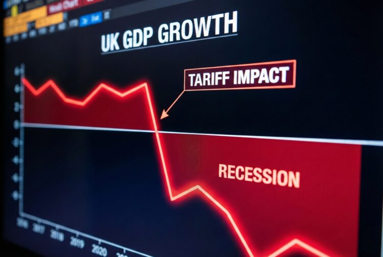 Una fotografía de primer plano de una pantalla digital oscura que muestra un gráfico financiero con el título "UK GDP GROWTH" en texto blanco. Una línea gráfica roja brillante desciende bruscamente desde la izquierda, cruzando por debajo de una línea horizontal blanca hacia una gran área sombreada en rojo etiquetada como "RECESSION". Un cuadro de texto con borde rojo y una flecha señala la caída abrupta, con el texto "TARIFF IMPACT". El eje horizontal en la parte inferior muestra los años "2018", "2019" y "2020".