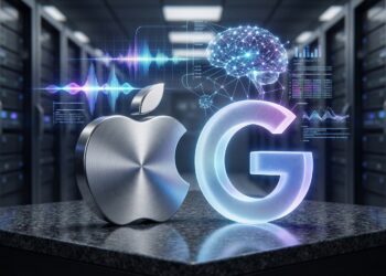 Logos de Apple y Google con gráficos de IA en un centro de datos.