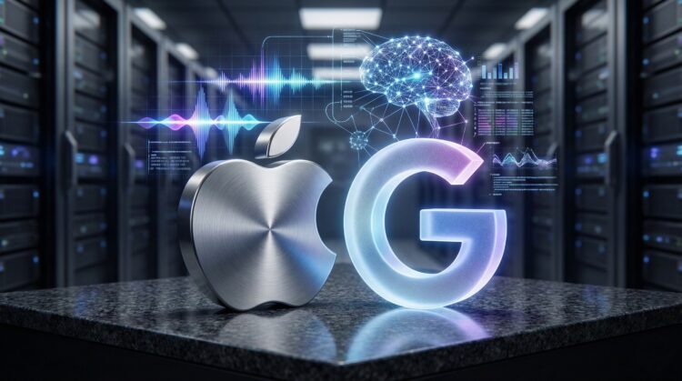 Logos de Apple y Google con gráficos de IA en un centro de datos.