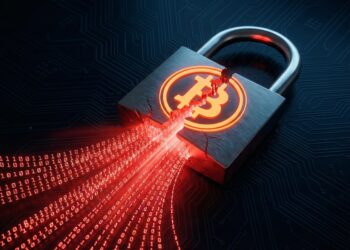 Una imagen conceptual muestra un candado metálico con un logotipo de Bitcoin naranja brillante que ha sido roto y abierto. Una luz roja intensa, compuesta por código binario (ceros y unos), sale a raudales de la grieta y se derrama sobre un fondo oscuro con un patrón de placa de circuito impreso.