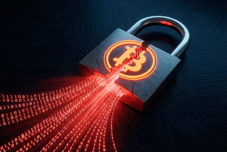 Una imagen conceptual muestra un candado metálico con un logotipo de Bitcoin naranja brillante que ha sido roto y abierto. Una luz roja intensa, compuesta por código binario (ceros y unos), sale a raudales de la grieta y se derrama sobre un fondo oscuro con un patrón de placa de circuito impreso.