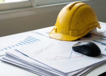 Gráficos de informe de empleo con casco y ratón.