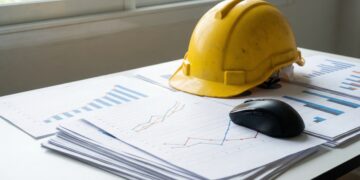 Gráficos de informe de empleo con casco y ratón.
