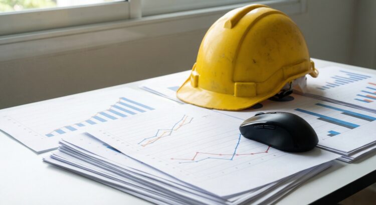 Gráficos de informe de empleo con casco y ratón.