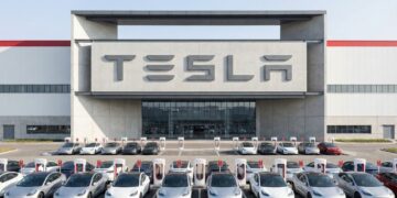 Fotografía industrial de plano general que muestra la entrada principal de una Tesla Gigafactory bajo luz solar directa. La fachada de hormigón y acero presenta el logo de "TESLA" integrado en gran escala. Frente al edificio, numerosos vehículos eléctricos Tesla Model 3 y Model Y están estacionados ordenadamente en filas de Supercargadores. La imagen destaca la magnitud de la instalación manufacturera y la infraestructura de soporte.