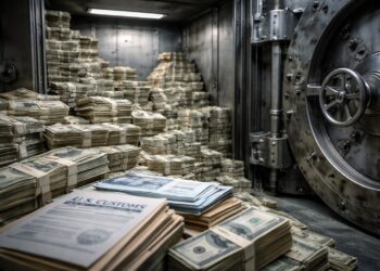 Pilas de dólares y documentos oficiales reflejan el alza de ingresos por aranceles en EE. UU.