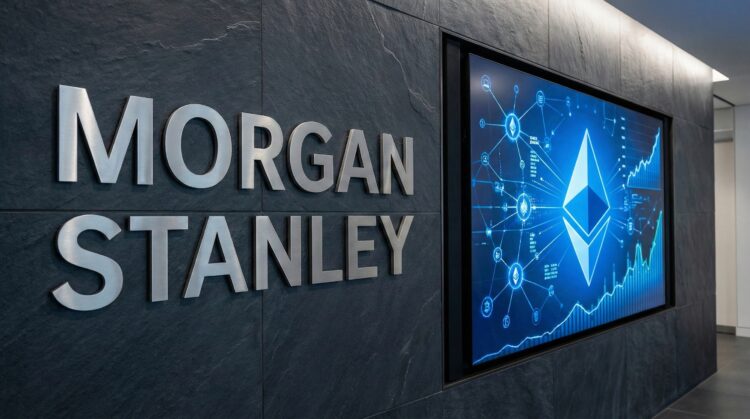 Letrero de Morgan Stanley y pantalla digital con logo de Ethereum.