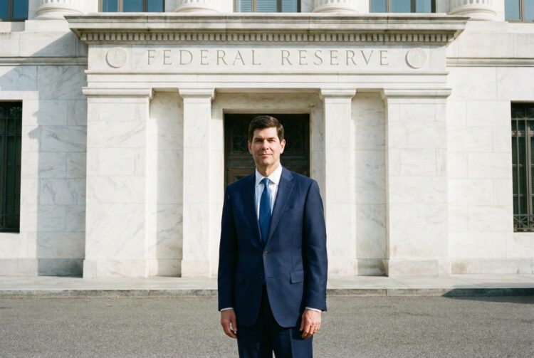Kevin Warsh, de pie y de frente, vestido con un traje azul marino y corbata azul, posa ante la entrada principal de mármol blanco del edificio de la Reserva Federal en Washington D.C. El texto "FEDERAL RESERVE" está grabado en el dintel de piedra sobre la puerta de bronce. La iluminación es de día.