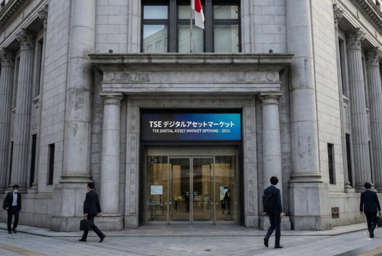 Fotografía exterior a nivel de calle de la entrada principal del edificio clásico de piedra de la Bolsa de Tokio (TSE). Sobre las puertas de vidrio, una gran pantalla digital azul muestra el texto bilingüe: "TSE デジタルアセットマーケット" y "TSE DIGITAL ASSET MARKET OPENING - 2026". Varios peatones con traje de negocios caminan por la acera frente a la institución financiera.