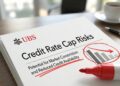 Fotografía de primer plano de un informe impreso sobre un escritorio de madera. El documento muestra el logotipo rojo de UBS en la esquina superior izquierda y el título grande "Credit Rate Cap Risks". Debajo, la frase "Potential for Market Constriction and Reduced Credit Availability" está subrayada con un marcador rojo. A la derecha, un gráfico de barras que muestra una tendencia descendente con una flecha roja está encerrado en un círculo rojo. Un marcador rojo destapado descansa sobre el papel junto a las marcas. Una taza de café y el fondo de una oficina están desenfocados.