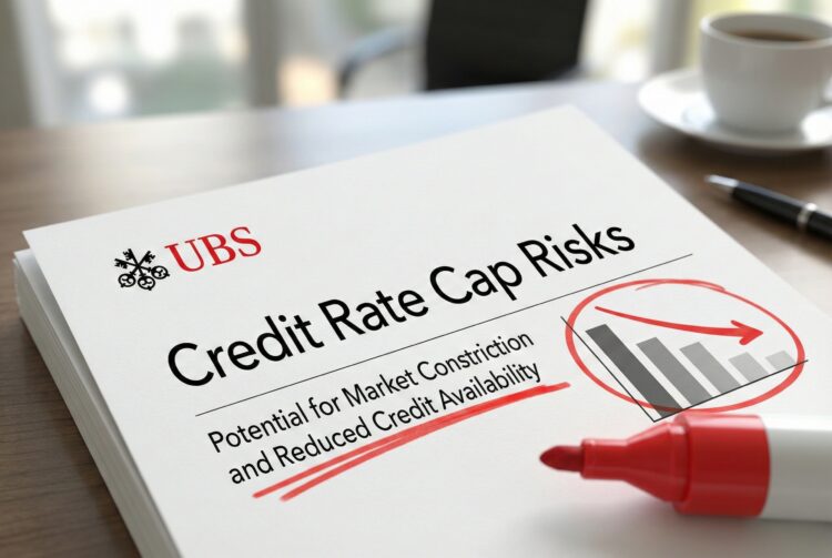 Fotografía de primer plano de un informe impreso sobre un escritorio de madera. El documento muestra el logotipo rojo de UBS en la esquina superior izquierda y el título grande "Credit Rate Cap Risks". Debajo, la frase "Potential for Market Constriction and Reduced Credit Availability" está subrayada con un marcador rojo. A la derecha, un gráfico de barras que muestra una tendencia descendente con una flecha roja está encerrado en un círculo rojo. Un marcador rojo destapado descansa sobre el papel junto a las marcas. Una taza de café y el fondo de una oficina están desenfocados.